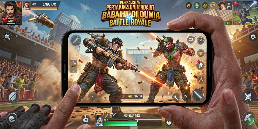 Screenshot utama 73K menampilkan aksi seru dalam pertempuran Battle Royale.