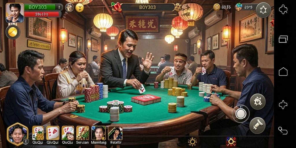 Screenshot gameplay BOY303 menampilkan aksi seru dalam permainan QiuQiu.