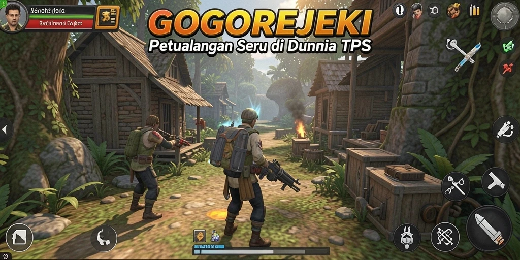 Tangkapan layar utama GOGOREJEKI menampilkan aksi epik di medan perang TPS.
