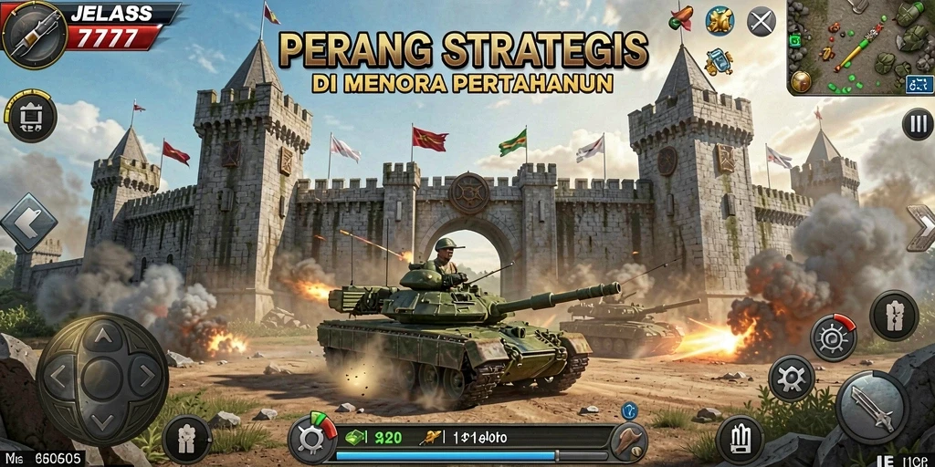 Screenshot utama menampilkan gameplay seru dari JELAS777 dengan menara pertahanan yang strategis.