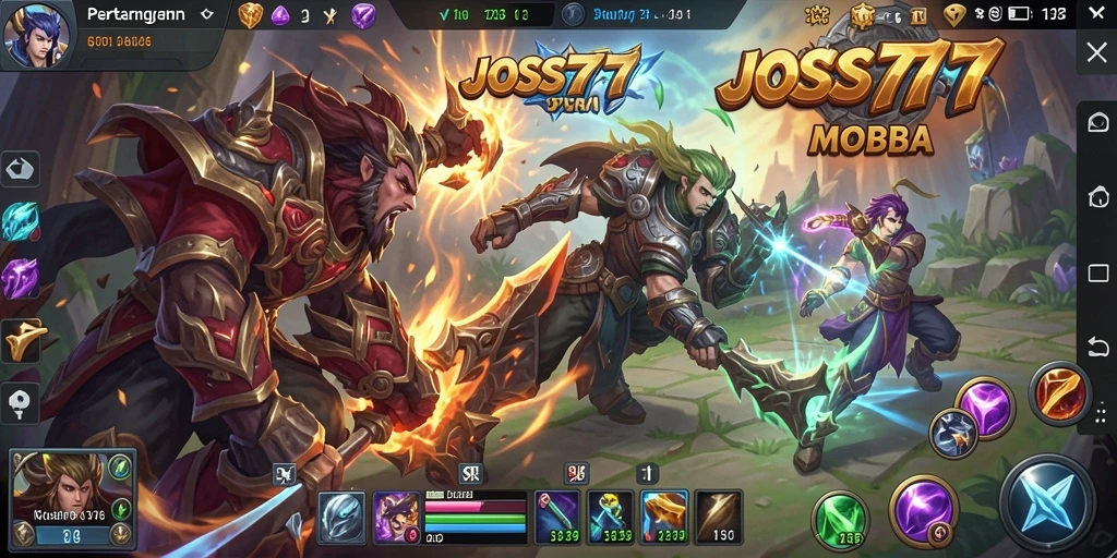 Screenshot JOSS777 menampilkan pertarungan intens antar tim di arena MOBA.